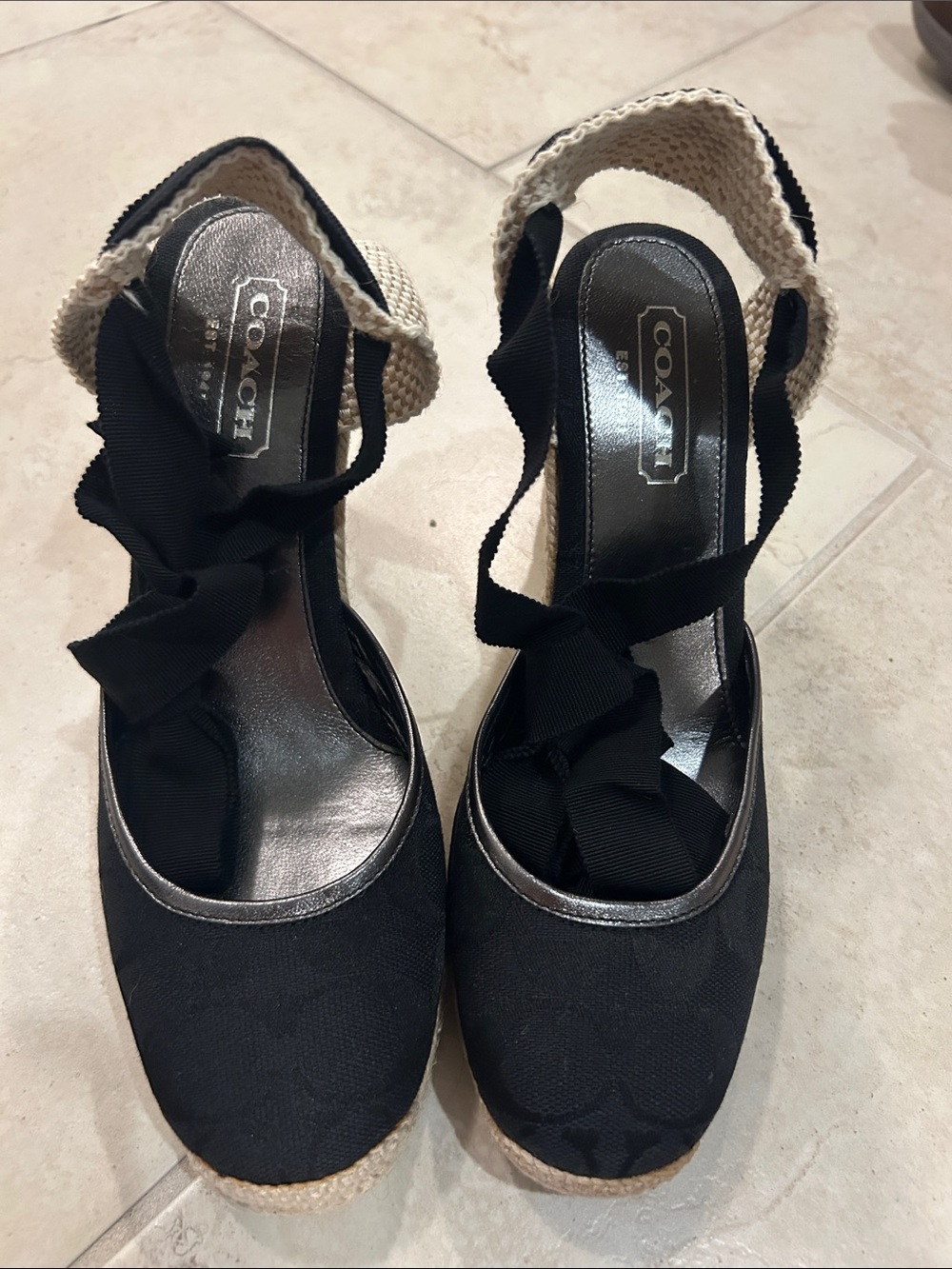 Coach Black Espadrille Wedge Sandals with Ankle Tie and Metallic Trim